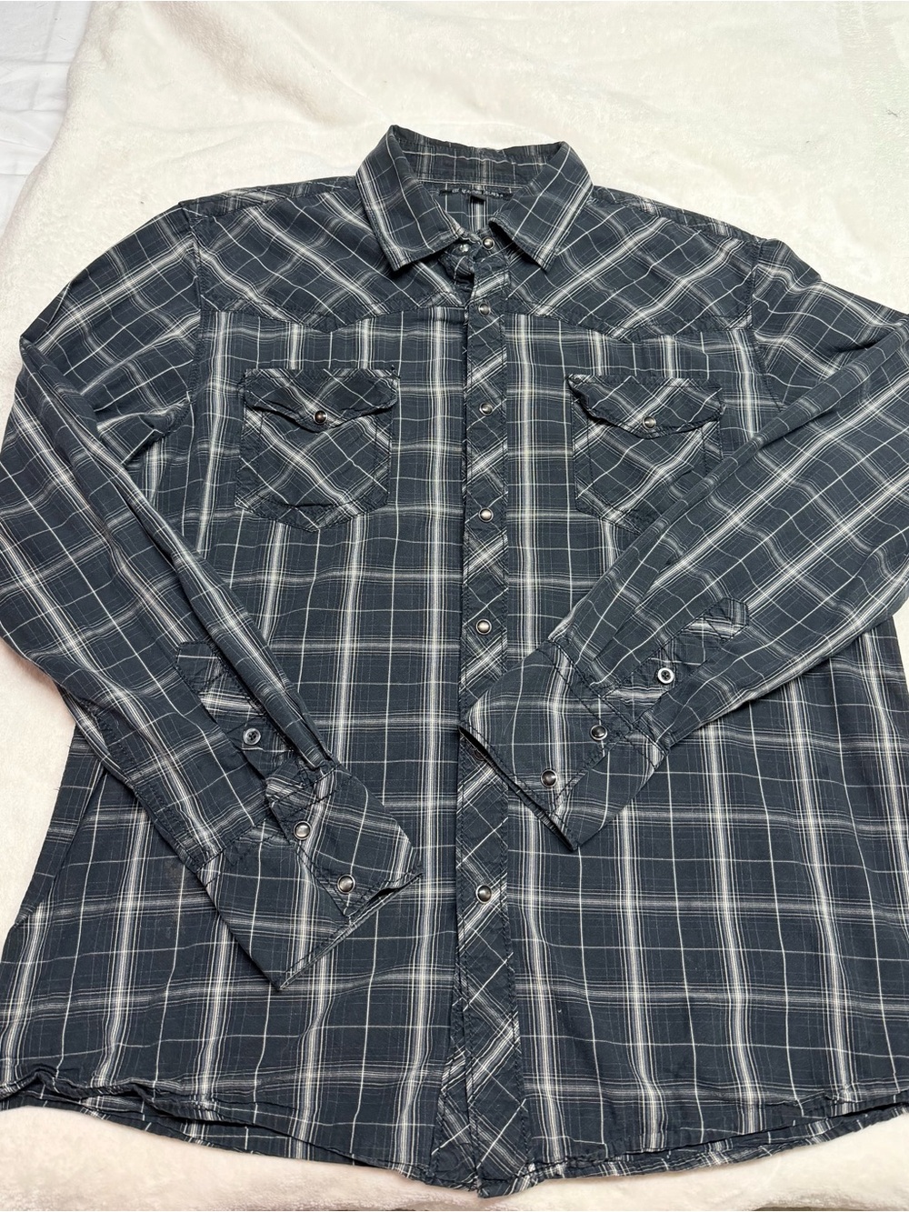 Carbon Black XL Black Gray Plaid Western Pearl Snap Shirt 100% Cotton